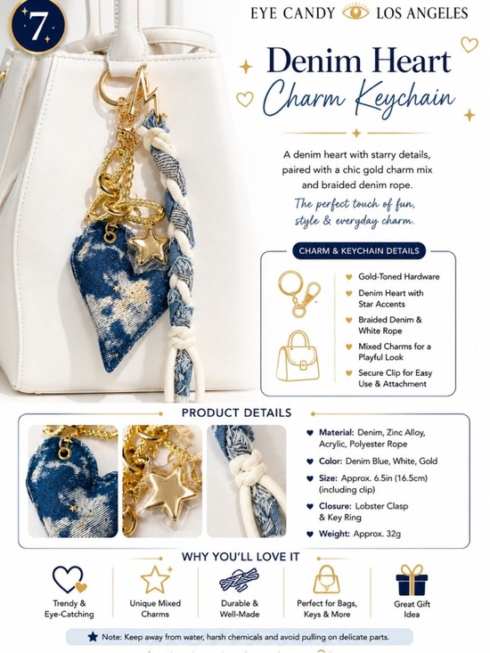eye candy Accessories - Eye Candy Denim Heart Charm Keychain with Gold Accents